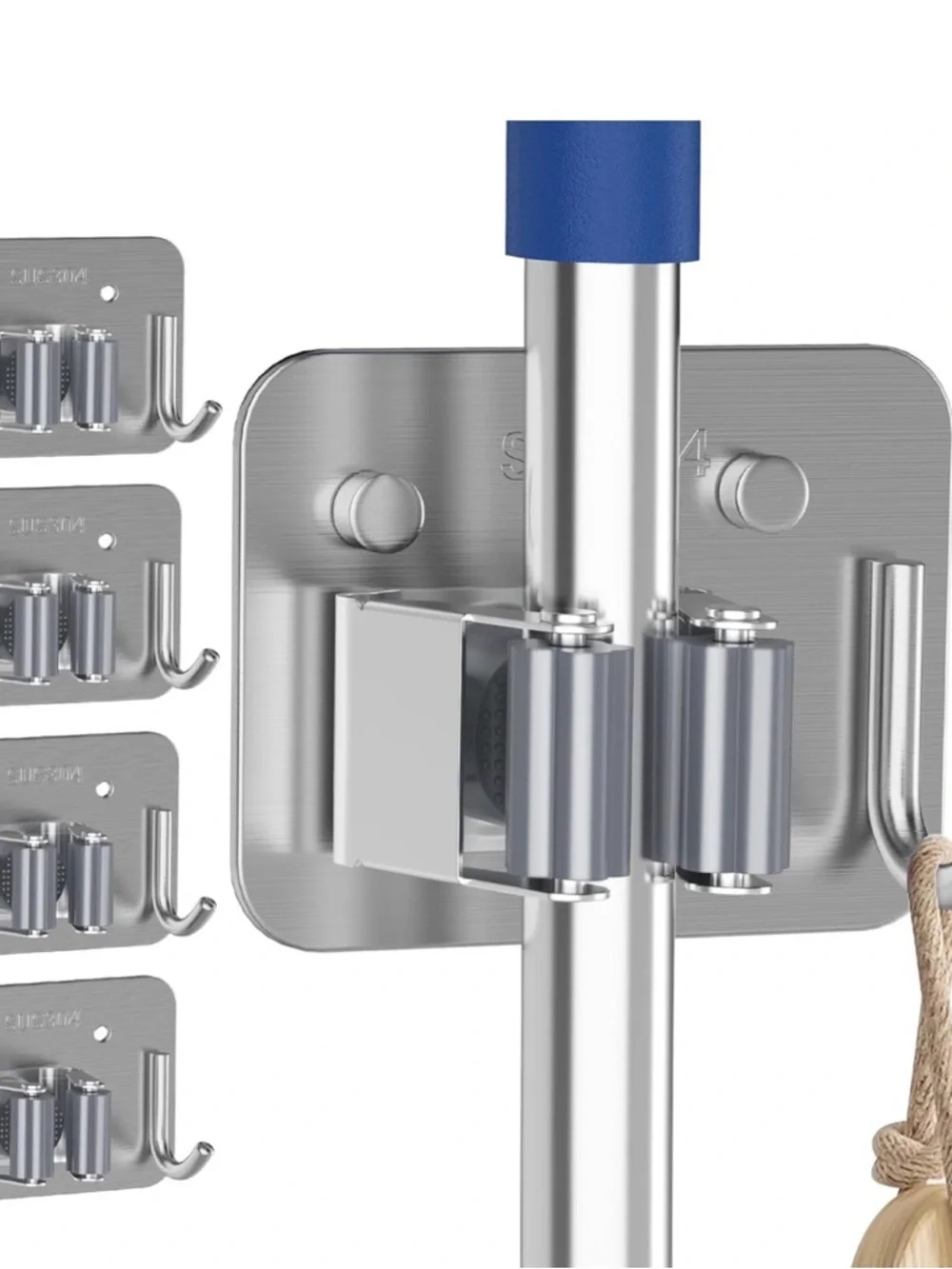 Stainless Steel Mop and Broom Holder with Hooks  Set of 4